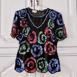 🔥SALE🔥 VINTAGE SILK! Sténay Sequin & Beaded Rosette Top